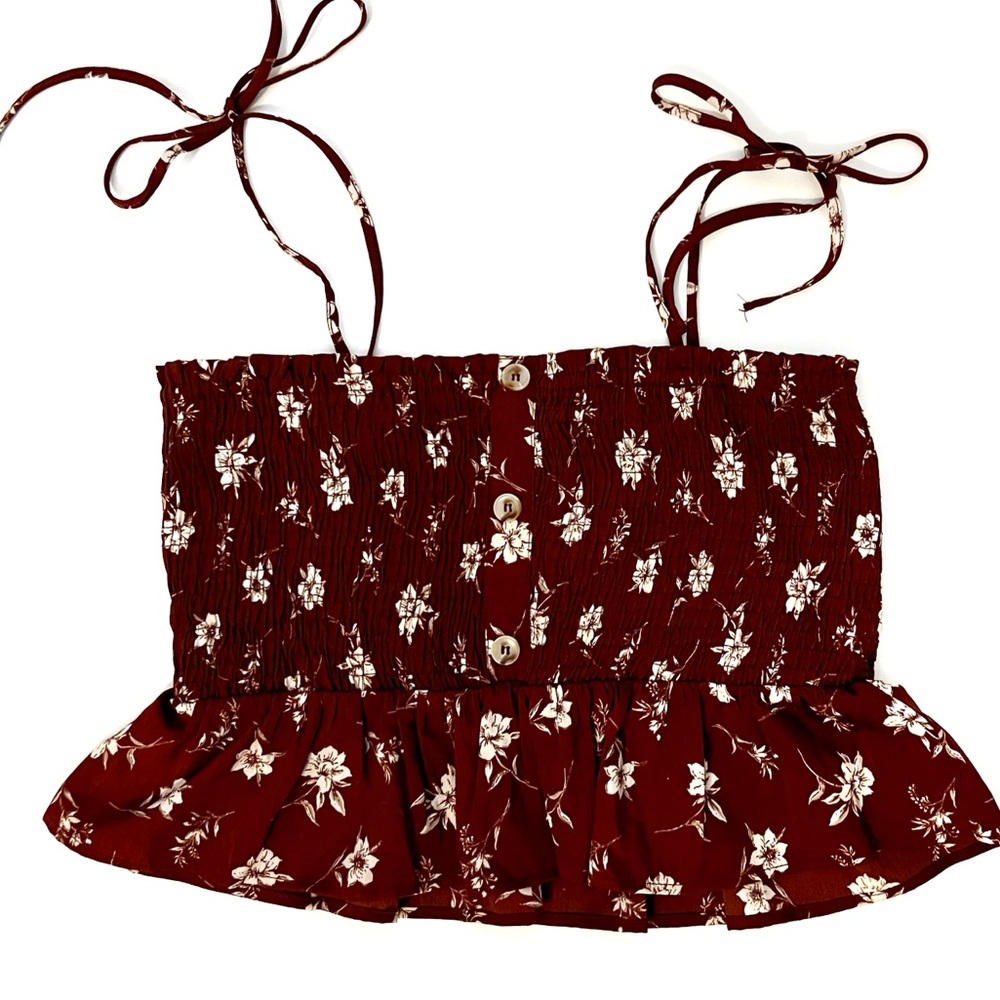 Paper Crane brown floral smocked boho crop top elastic straps festival large - Picture 7 of 8